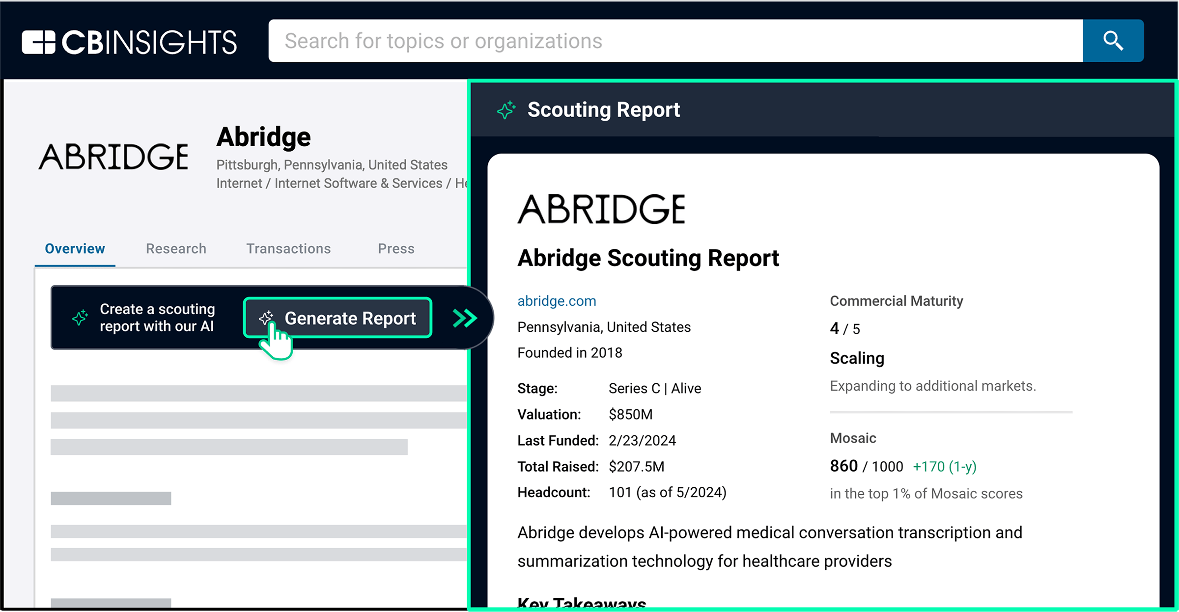 CB Insights profile for virtual medical scribe startup Abridge. Profile contains an in-depth scouting report on Abridge.