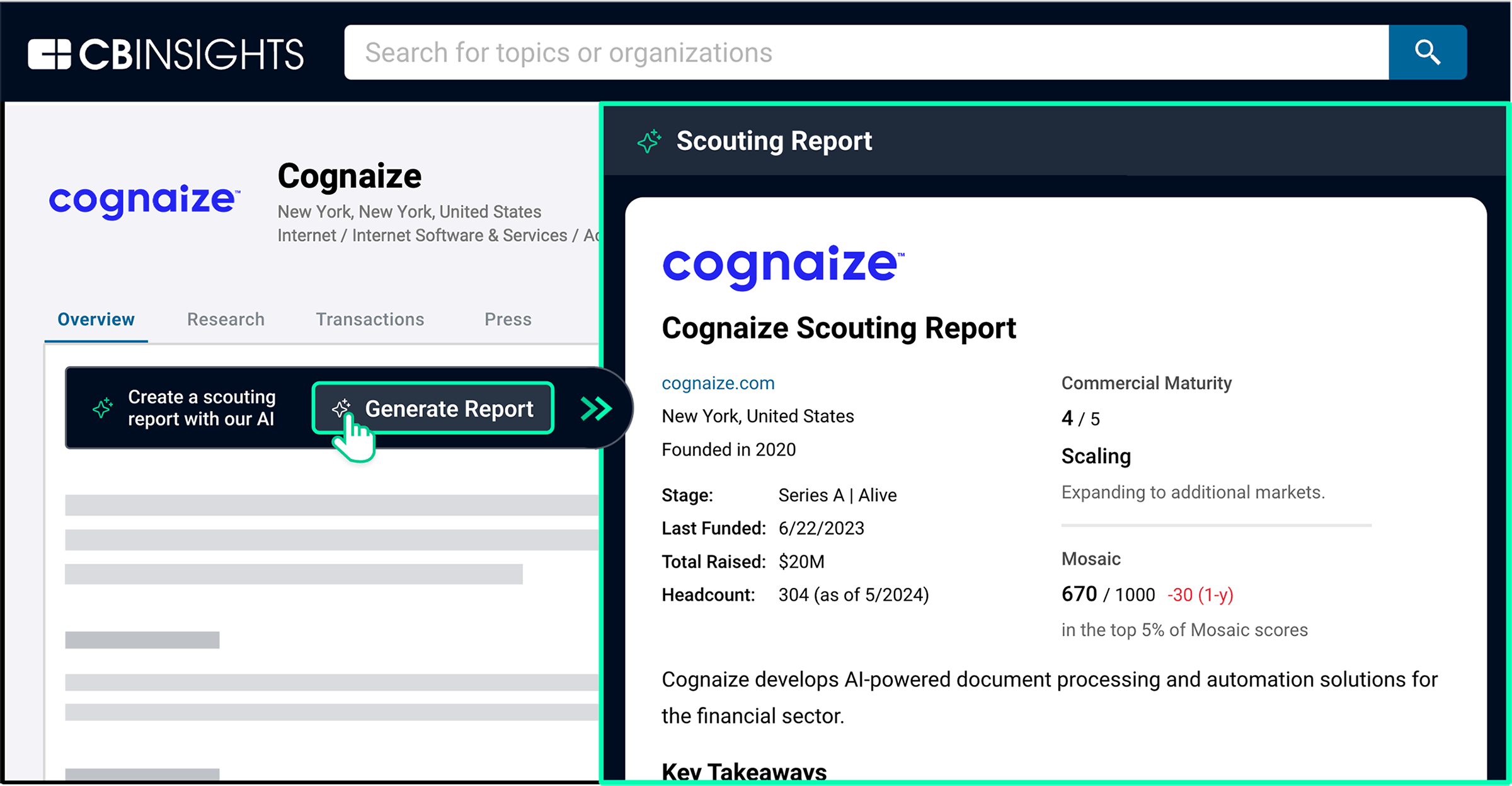 CB Insights profile for intelligent document processing startup Cognaize. Profile contains an in-depth scouting report on Cognaize.
