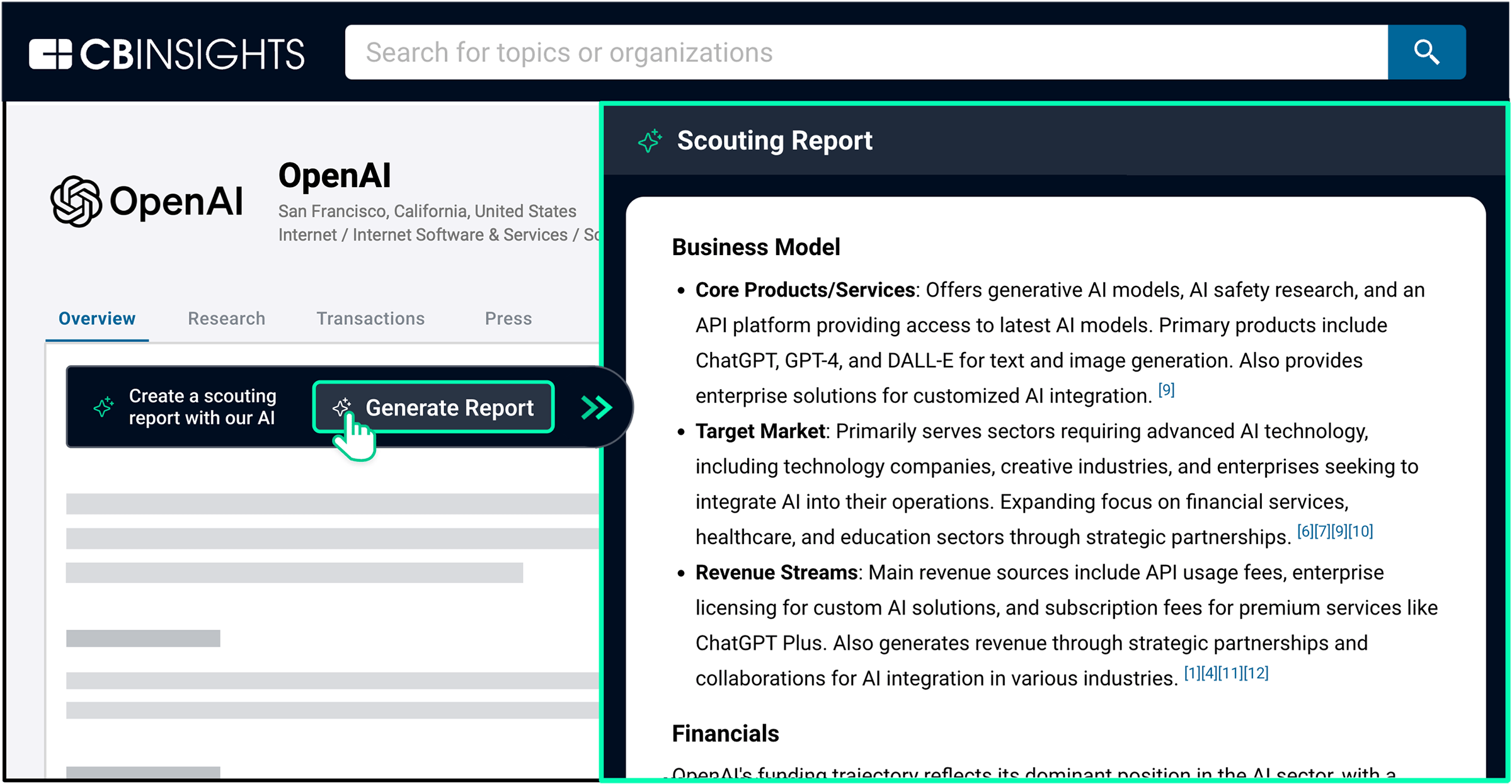 CB Insights Scouting Report: OpenAI. Highlighted section of scouting report discusses OpenAI's business model