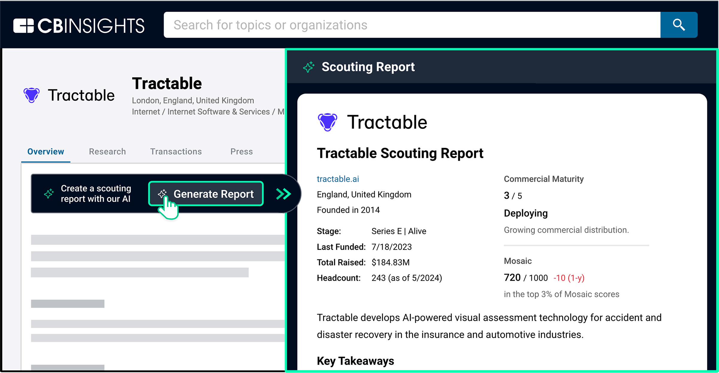 CB Insights profile for virtual auto claims assessment startup Tractable. Profile contains an in-depth scouting report on Tractable.